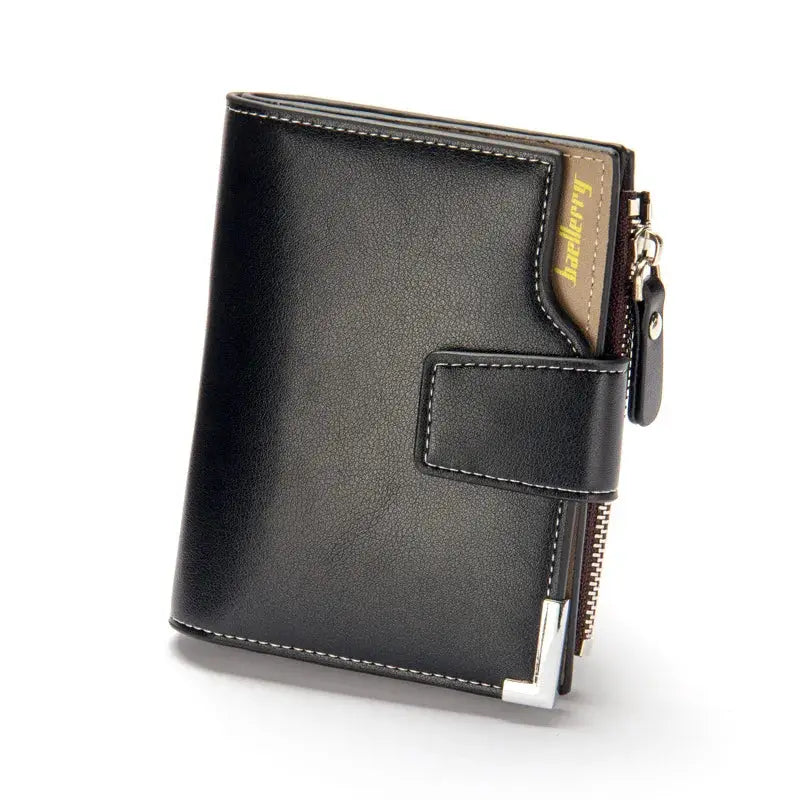 Baellerry men's black leather wallet with zip coin pocket and strap