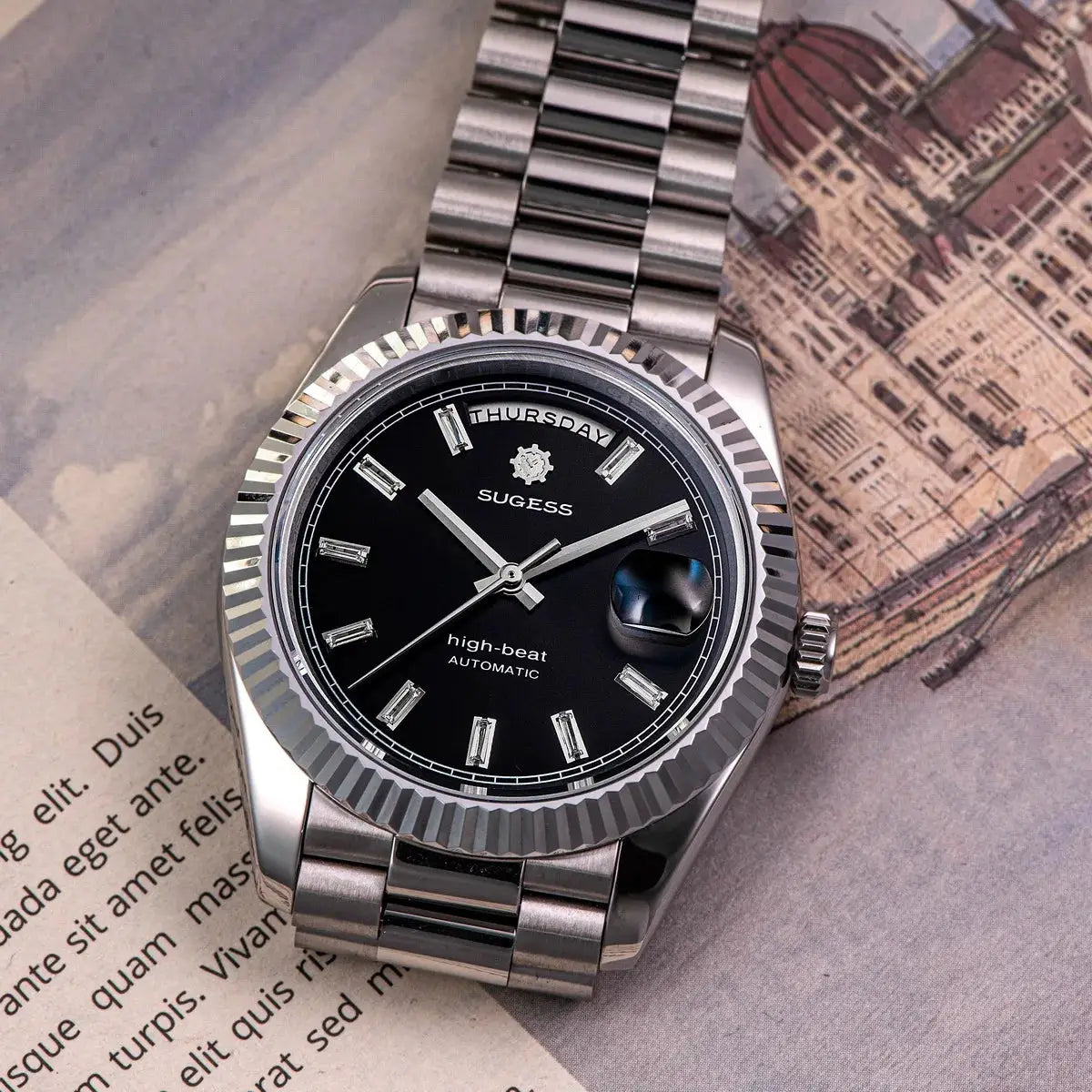 Sugess men's 40mm automatic watch with black dial, day/date window, stainless steel bracelet, sapphire glass