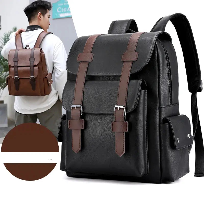 Black PU leather men's backpack with brown straps and buckles; two backpacks shown