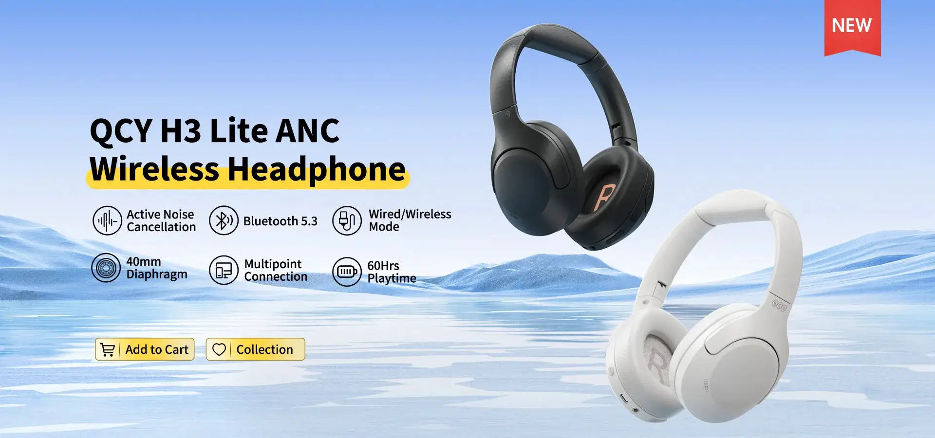 QCY H3 Lite ANC wireless headphones, two-tone black and white over-ear foldable pair