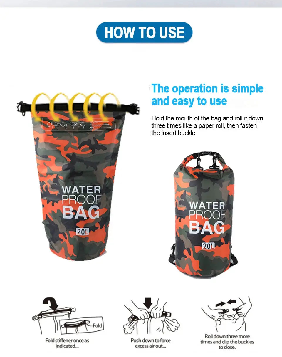 Simples Market 20L camo dry bag waterproof for kayaking, rafting, swimming; two bags shown
