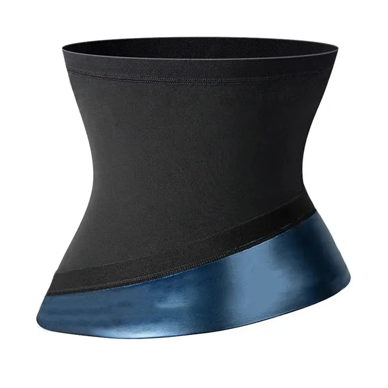 Men's waist trainer belt from Simples Market; black body shaper with blue metallic bottom edge