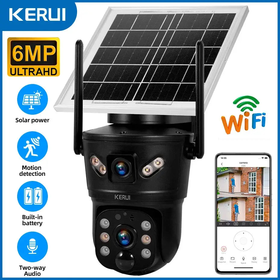 KERUI outdoor waterproof 6MP solar security camera with dual lens, solar panel, WiFi