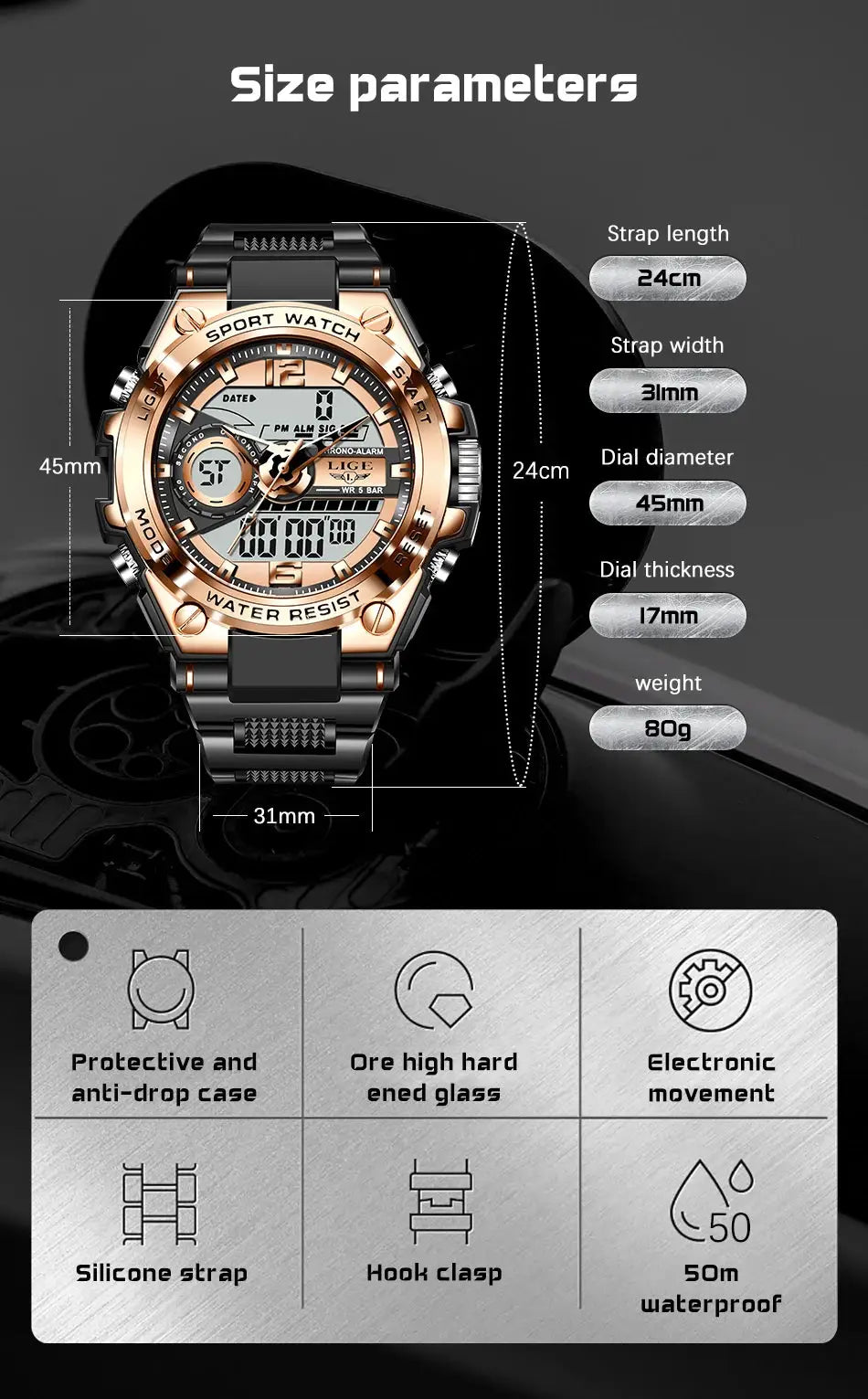 LIGE men's digital military sport watch with rose-gold bezel and black silicone strap, 50m waterproof.