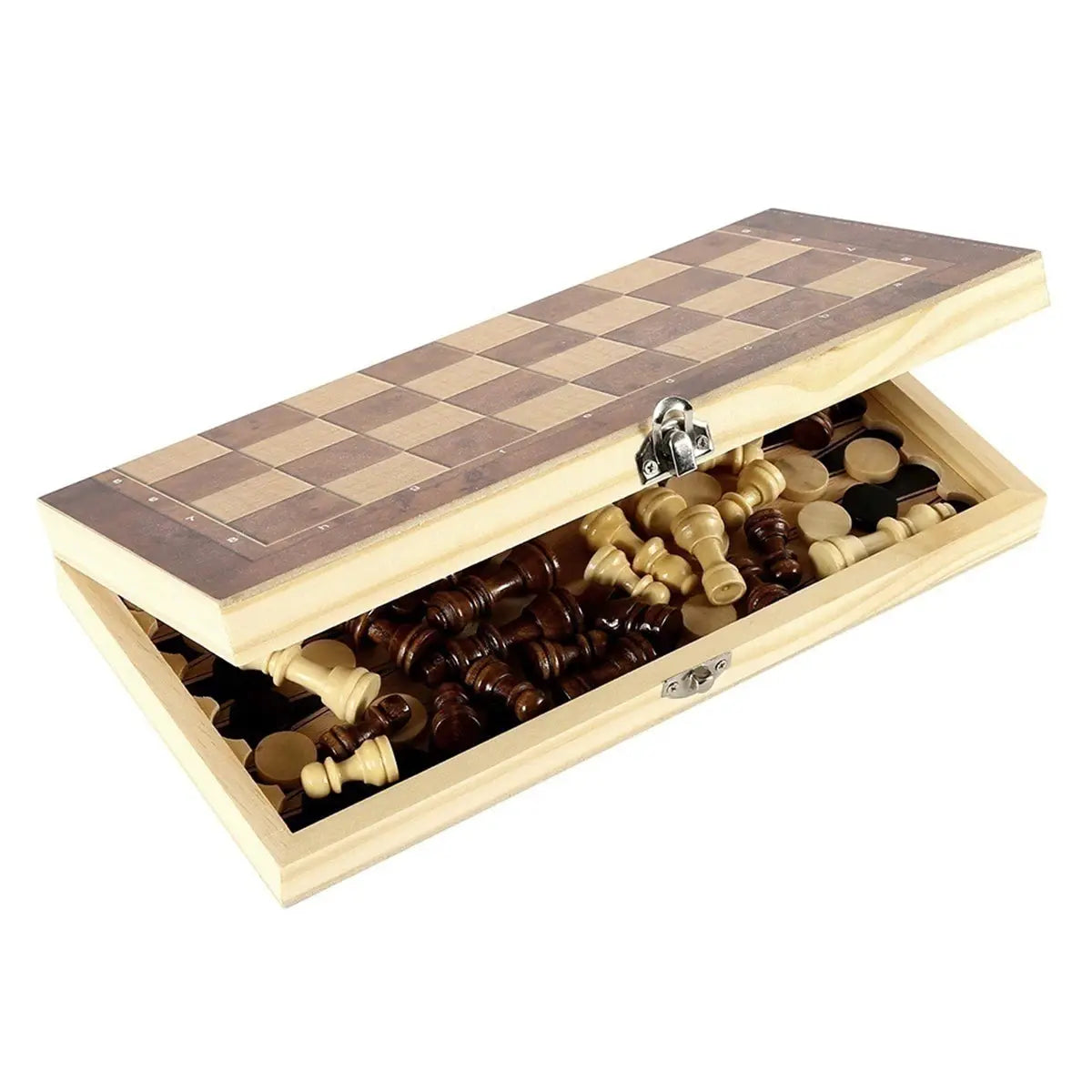New 3 In 1 Wooden Checkers Backgammon And Chess Set With Portable Folding Board For Travel