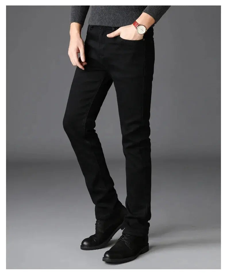 Men's black stretch denim jeans by Simples Market, classic biker-style pants