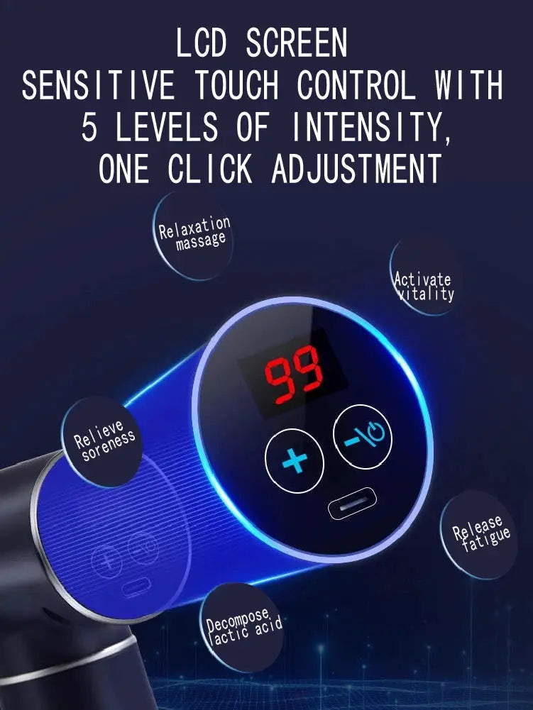 Blue handheld fascia gun massager with LED touch screen and adjustable intensity