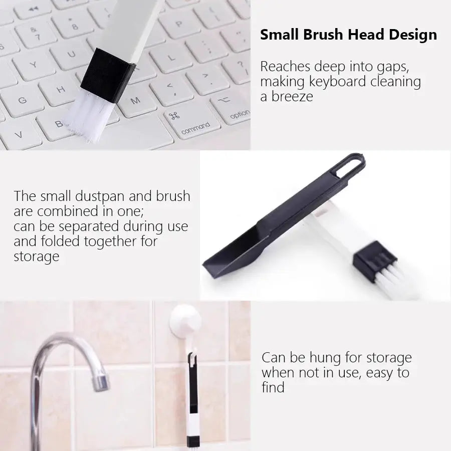 Two-in-one cleaning brush with dustpan from Simples Market; portable tool for keyboard gaps and window/door grooves.