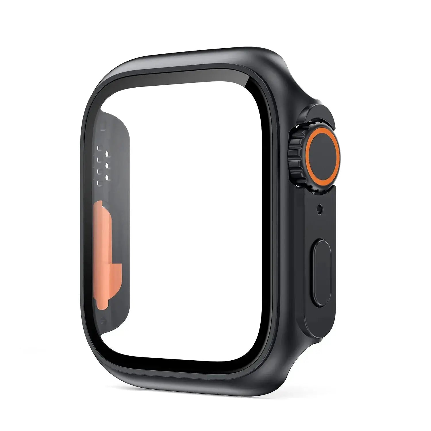 Simples Market Apple Watch bumper case with glass screen protector, black frame and orange-accented crown