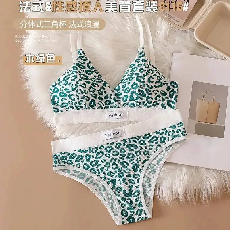 2025 Summer Leopard Print Traceless Steel Rim Bra And Brief Set With Adjustable Shoulder Straps For Women
