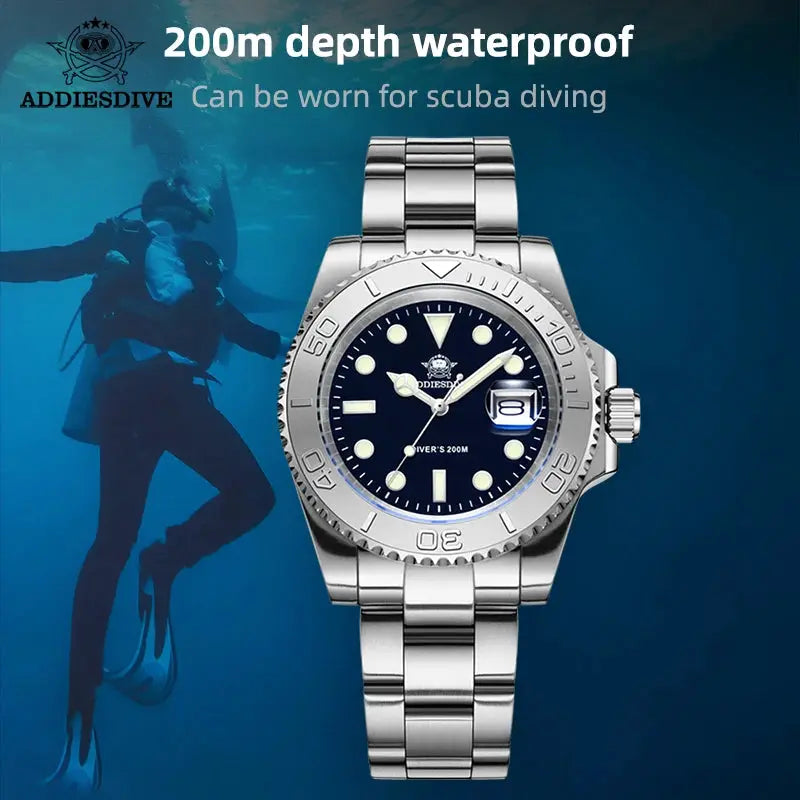Men's stainless steel ADDIESDIVE 200m diver watch with blue dial