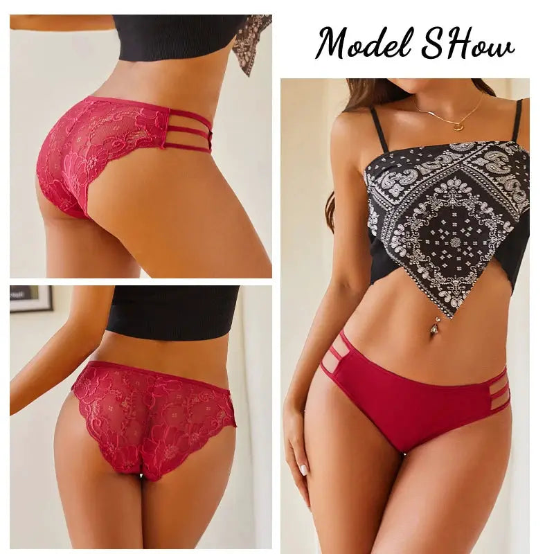3-piece women's red floral lace panty set; low-rise briefs with double-strap sides