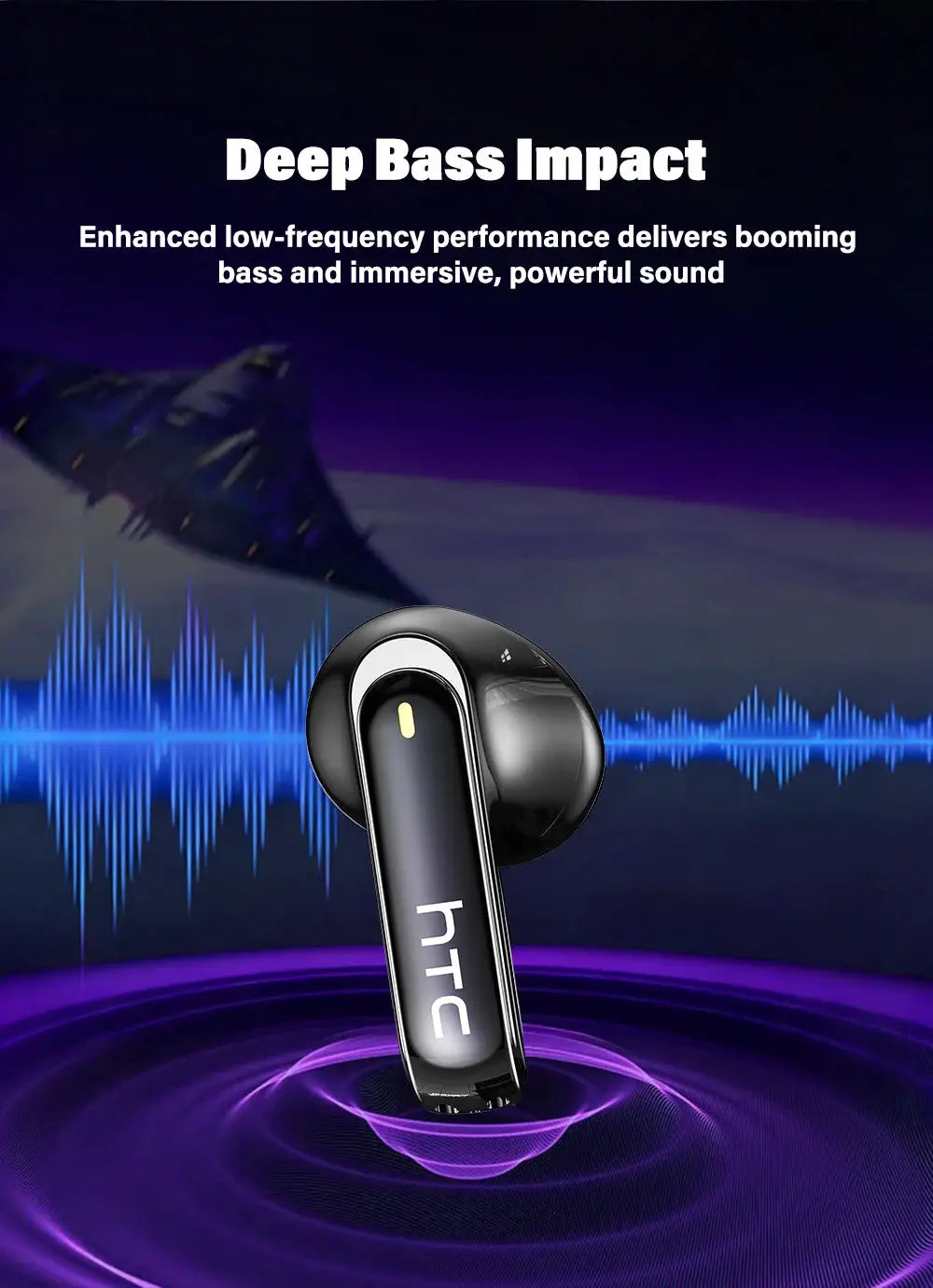 HTC NE70 wireless earbuds, black, deep bass and immersive sound