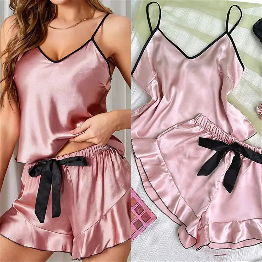 LuxeLuna Satin Pajama Set With Breathable V Neck Top Ruffled Edges And Bow Shorts