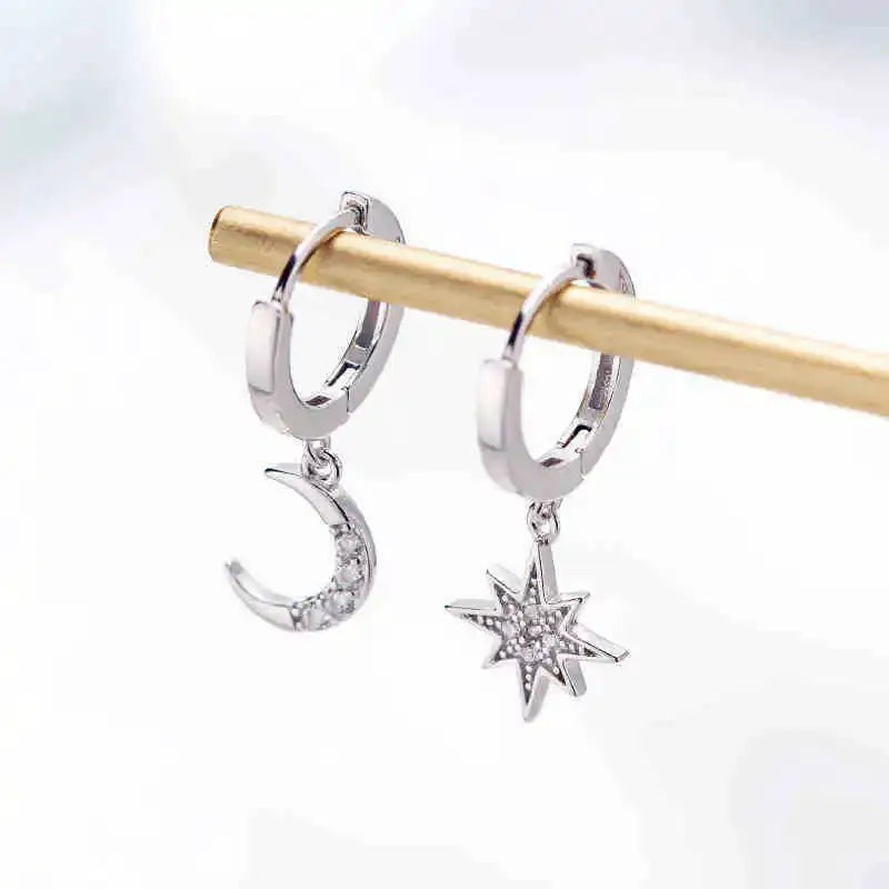 Fashion Classic Geometric asymmetric moon and star dangle earrings, silver-tone, Simples Market pair