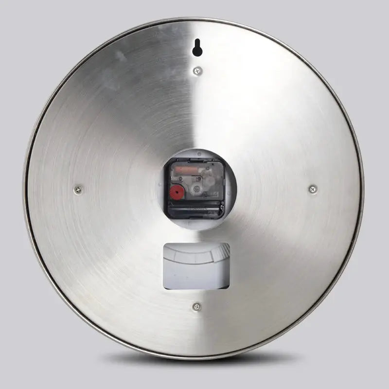 Wall clock, brushed metal finish, 34cm diameter; modern decorative metal clock.