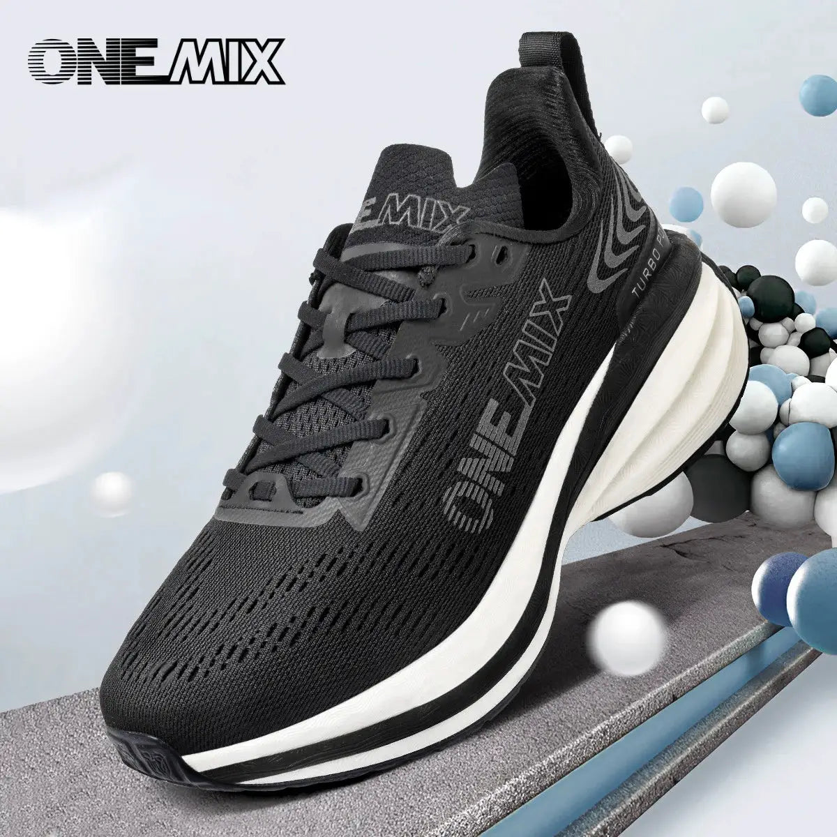 ONEMIX men's black running shoes with breathable mesh and air-cushioned white midsole