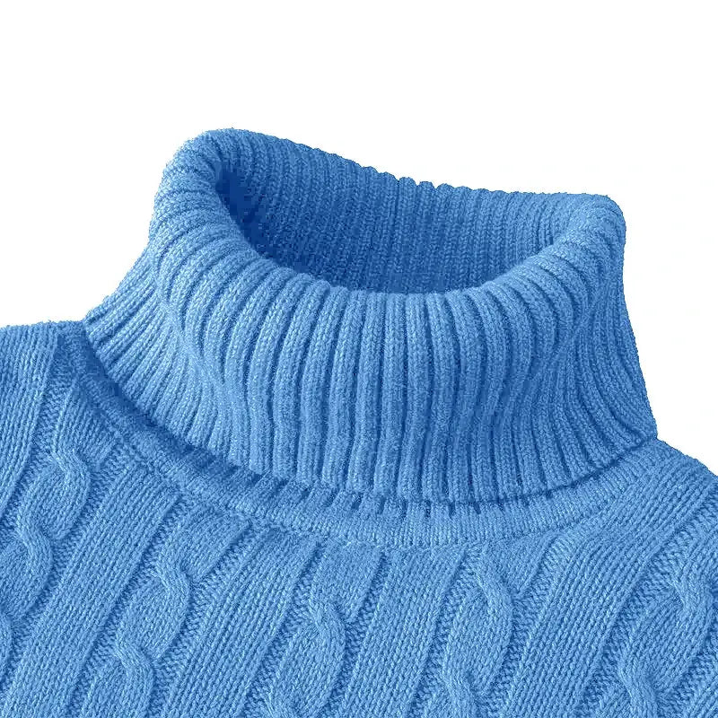Men's blue heavyweight cable-knit turtleneck sweater by Simples Market