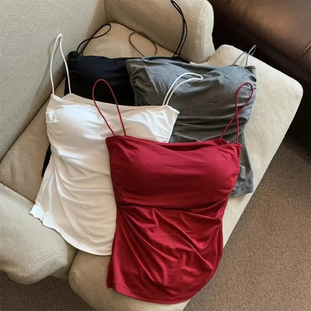 Sexy Short Top With Waist Pleated Corset Vest Soft Chest Support Thin Straps Solid Color