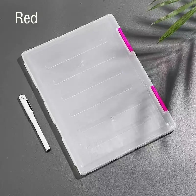 Transparent A4 plastic file box by Simples Market with pink latches for school use