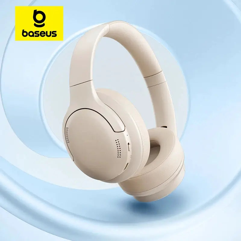 Baseus wireless over-ear Bluetooth 6.0 headphones in beige with 40mm drivers and foldable design