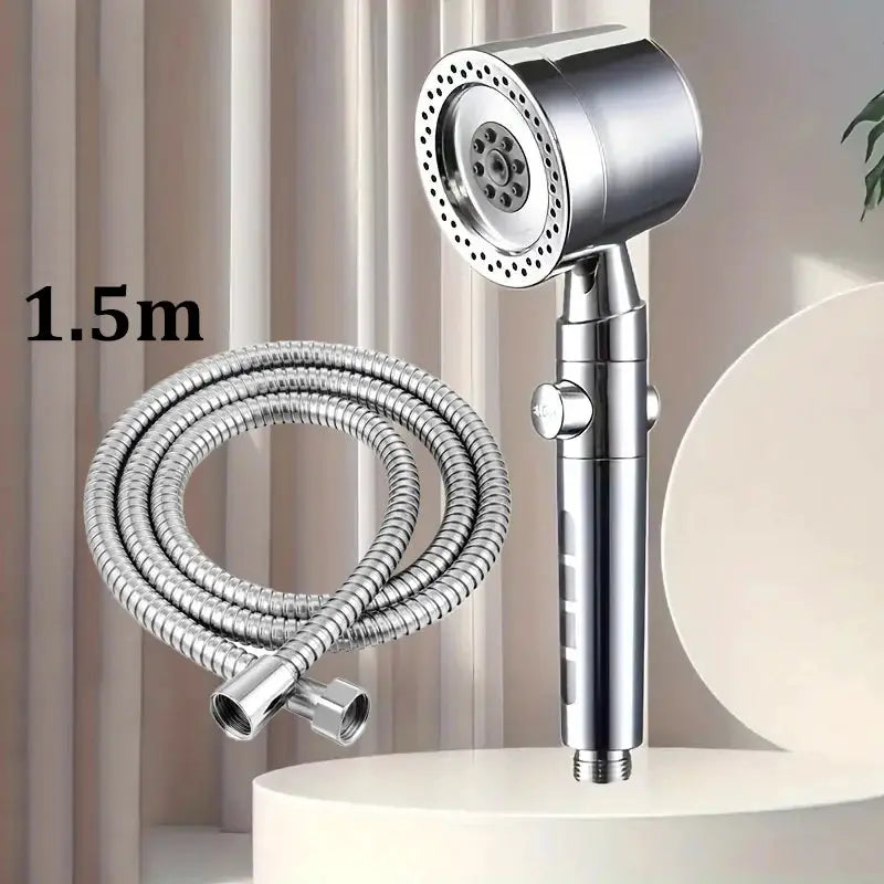 Chrome handheld shower head with 1.5m flexible hose and 5-spray-mode design.