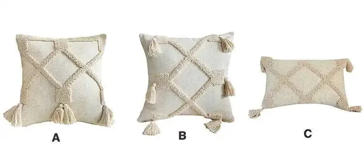 Simples Market Boho Linen Cushion Cover beige tassel lattice design, 45x45cm/30x50cm, set of 3