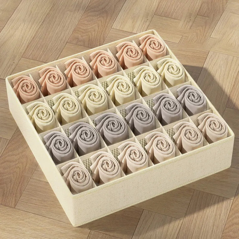 Sports bra underwear organizer storage box in beige fabric with 24 compartments for pastel rolled socks