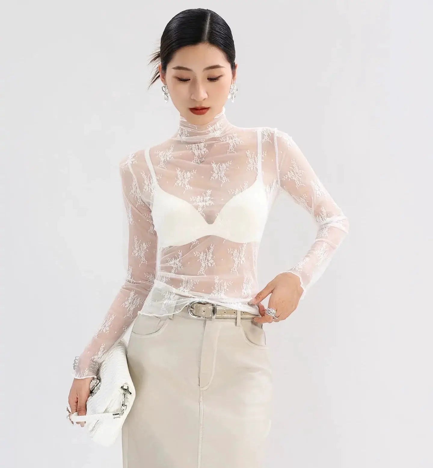 Sexy Women Mesh T Shirt See Through Top Lace Blouse Long Sleeve O Neck Sheer Crop Tee For Night Club Party