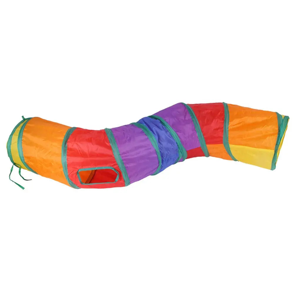 Foldable rainbow cat tunnel toy for indoor play in multi-color fabric.