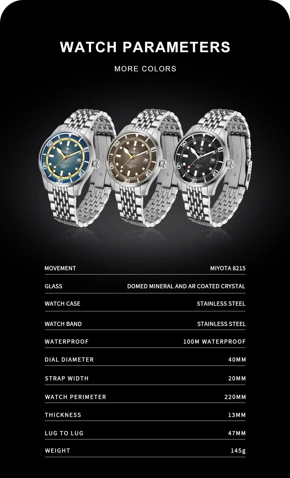 CADISEN automatic men’s watches trio with stainless steel bracelets and blue, brown, black dials; Miyota 8215 movement.