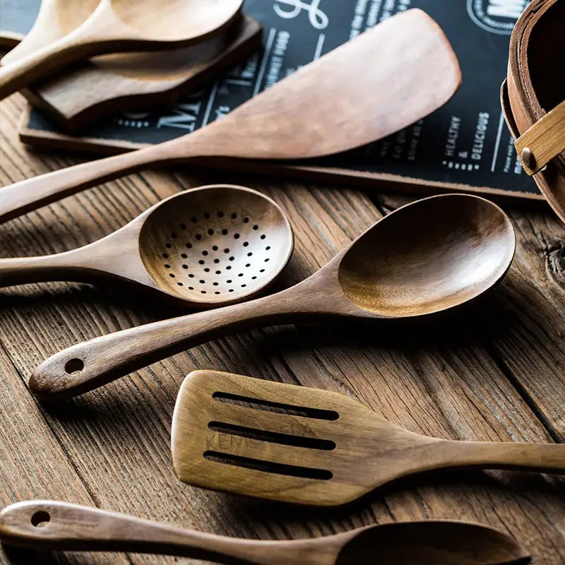 9 Piece Teak Wood Kitchen Utensils Set With Holder Eco Friendly Wooden Spoons And Tools For Cooking
