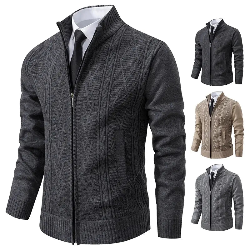 Cashmere padded men's knitted sweater coat with zip front, dark gray cable-knit; also shown in black, beige and gray.