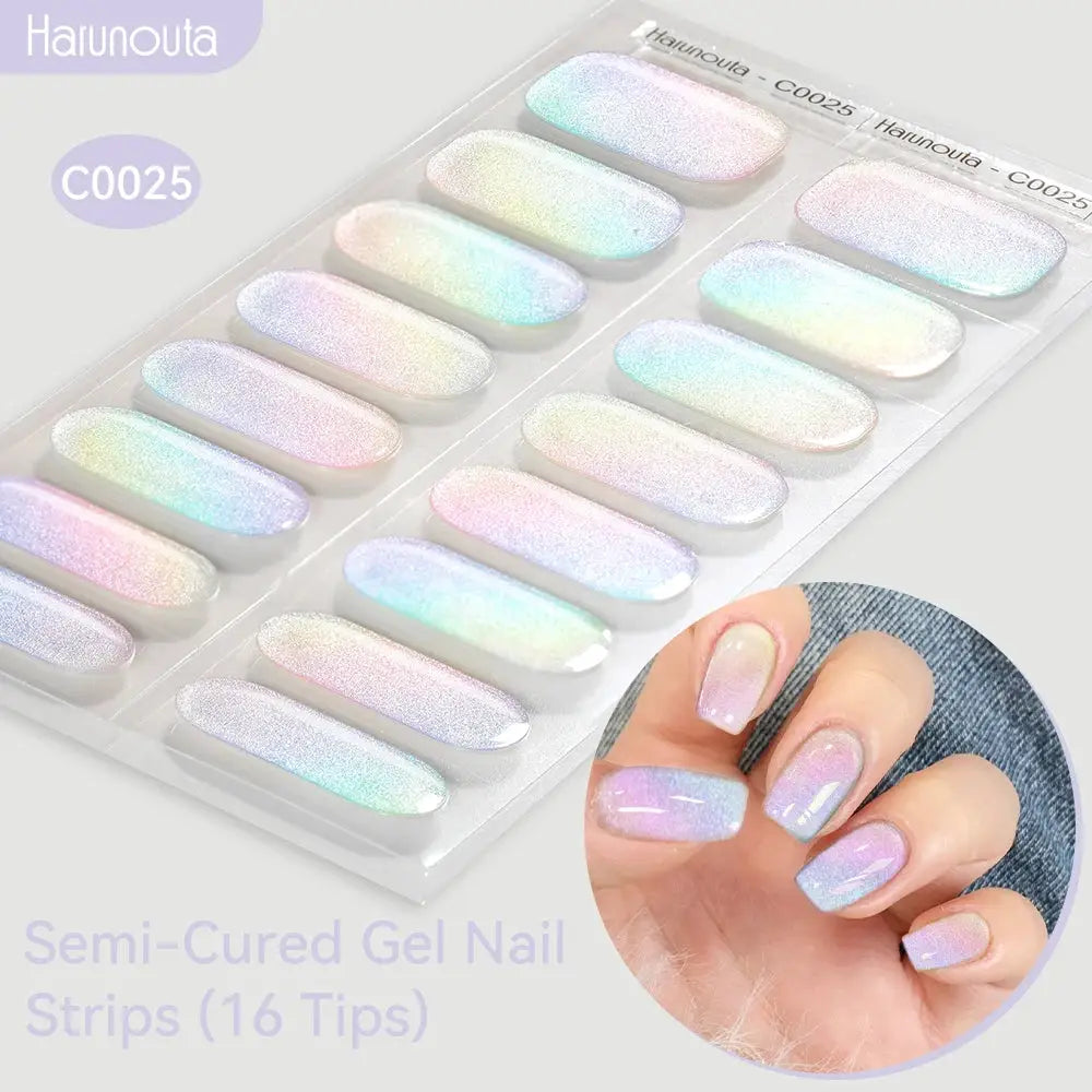 Semi-Cured Gel Nail Strips gradient aurora holographic, 16 tips for UV/LED lamps.