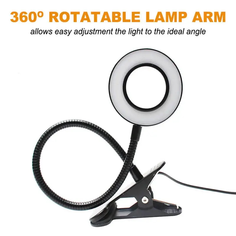 LED ring clamp lamp by Simples Market with USB, 360° rotatable gooseneck, white ring light for eye protection