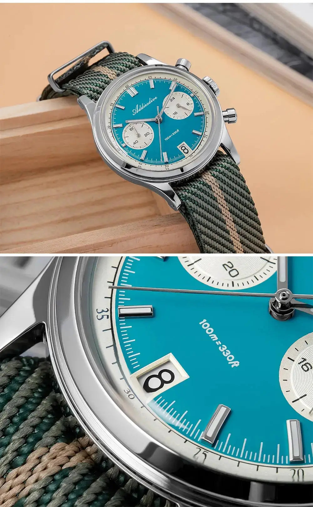 Addiesdive men's chronograph wristwatch with teal dial and camouflage NATO strap