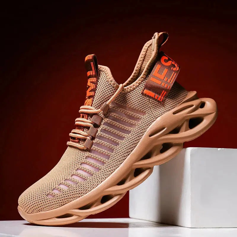 Unisex breathable knit running sneakers by Simples Market in tan beige with a sculpted sole.