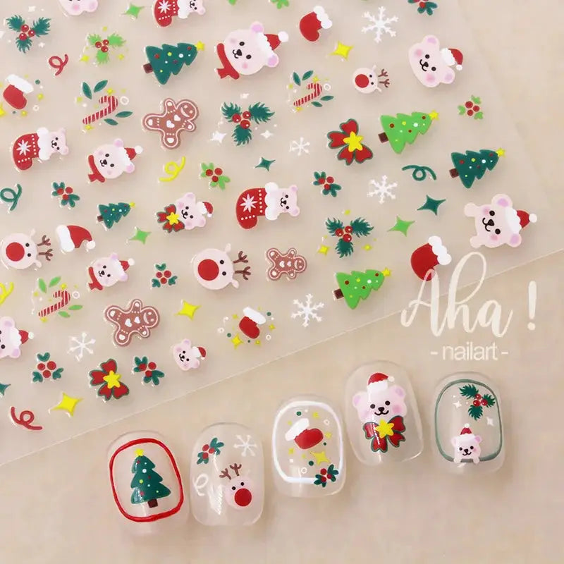 Winter Christmas nail stickers set; self-adhesive designs with snowmen, Santa, trees, reindeer; Aha! nailart visible