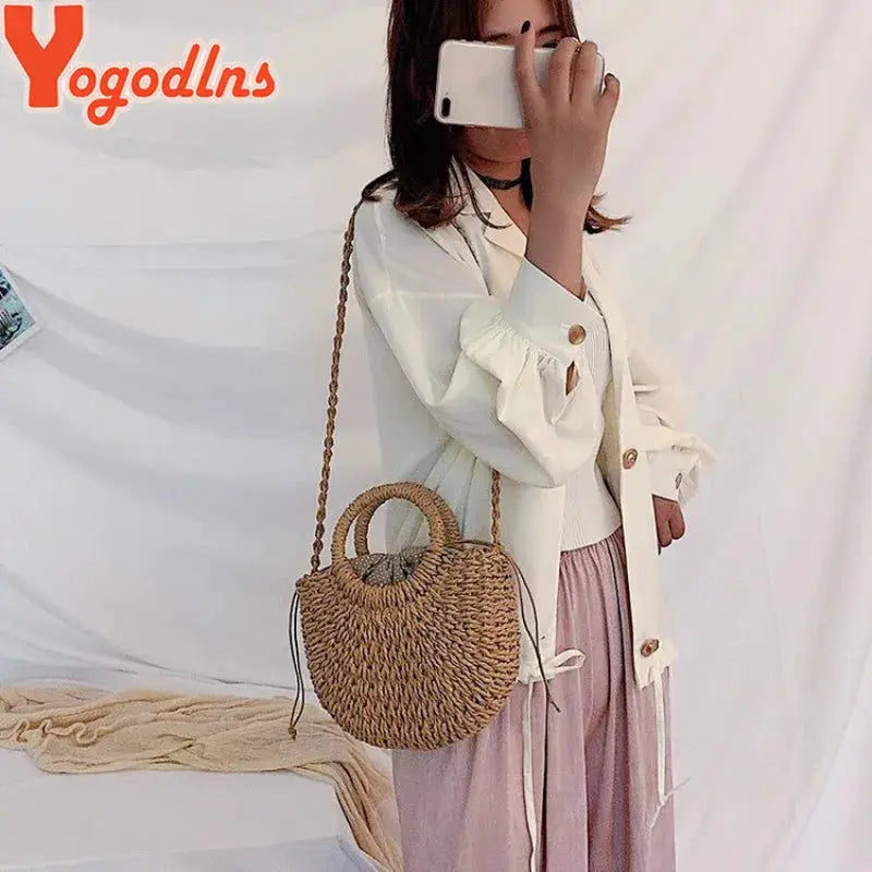 Yogodlns Handmade Half Round Rattan Woven Straw Bag Summer Women Messenger Crossbody Small Beach Handbag New