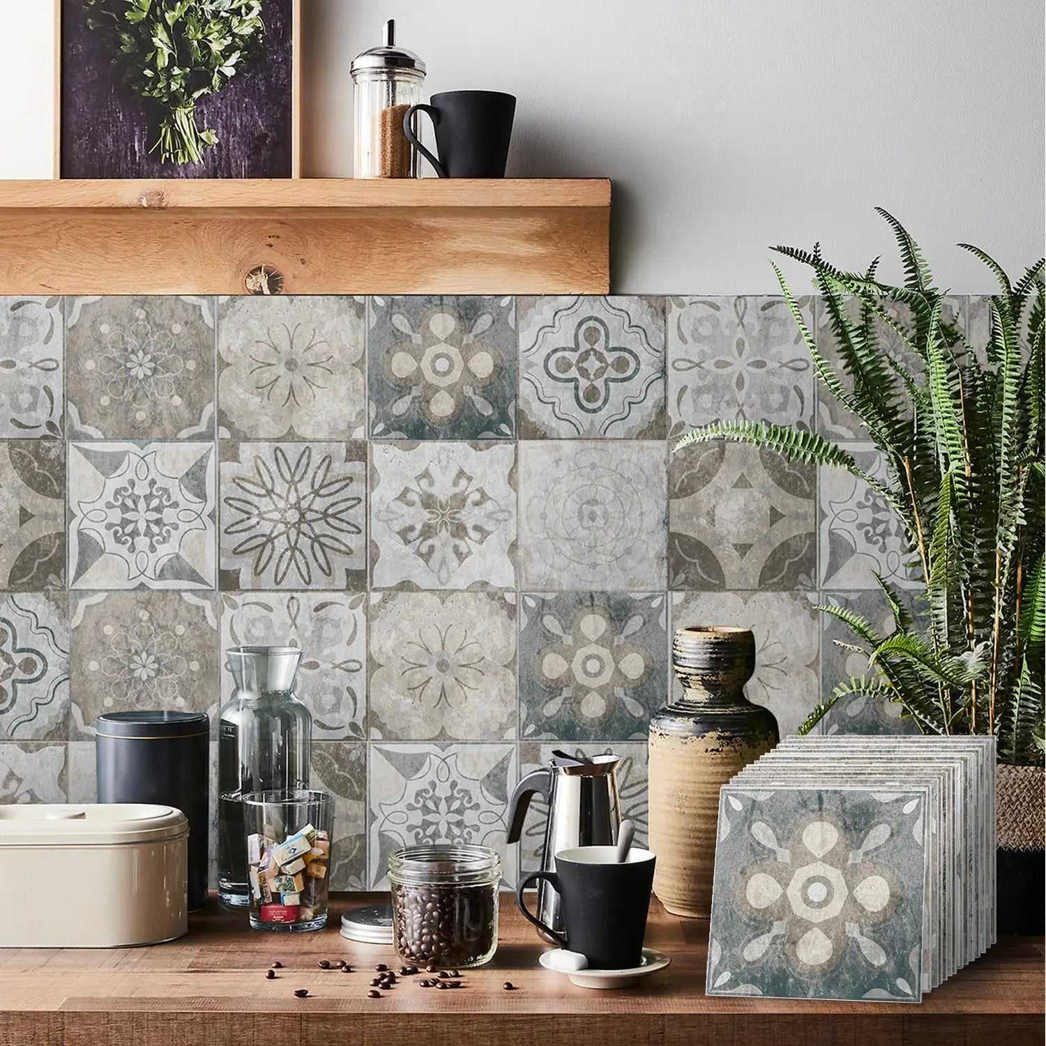 Simples Market 24pcs set tile self-adhesive wall stickers, peel-and-stick, waterproof grey patterned backsplash tiles