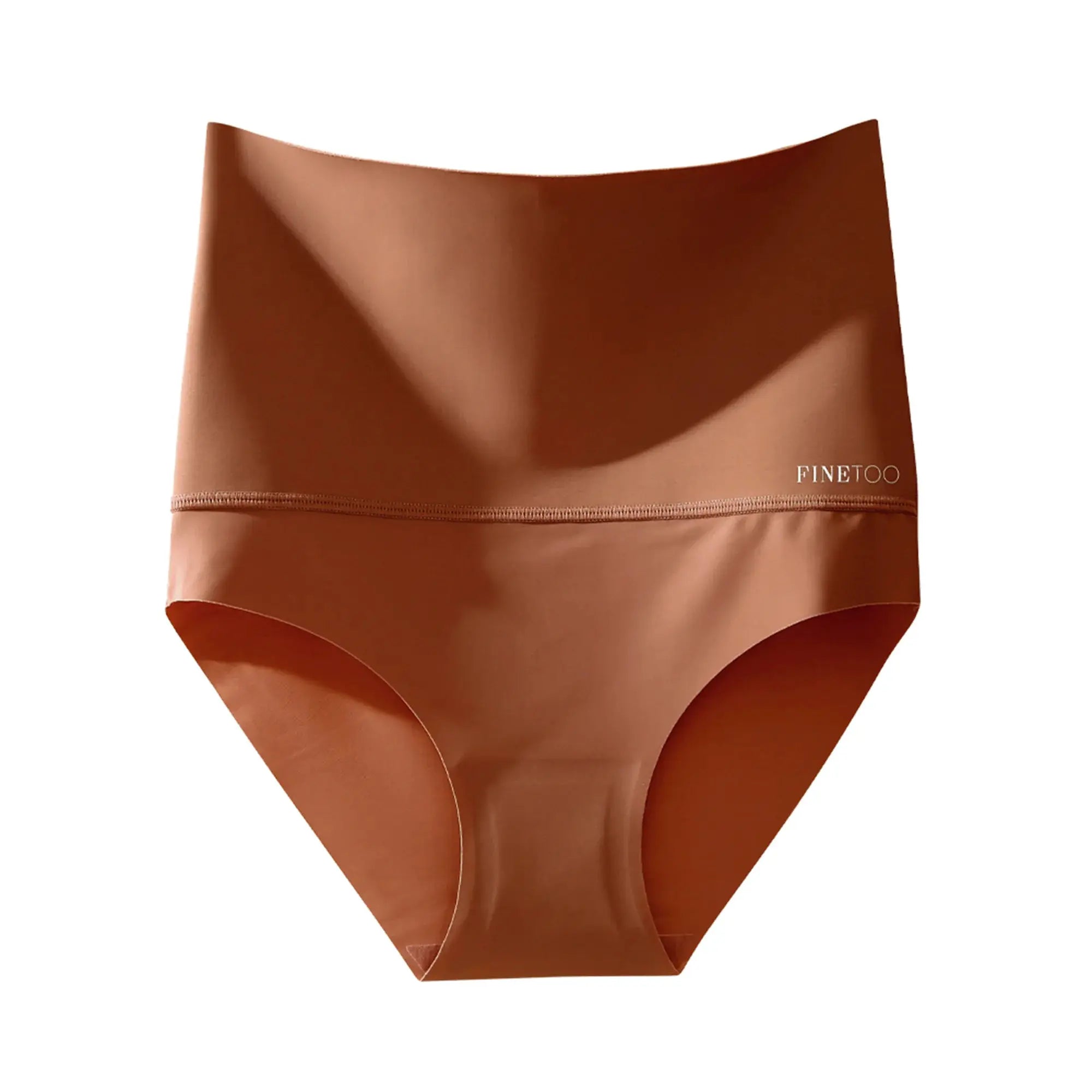 Seamless high-waist shapewear briefs in copper brown by Finetoo, breathable ice silk