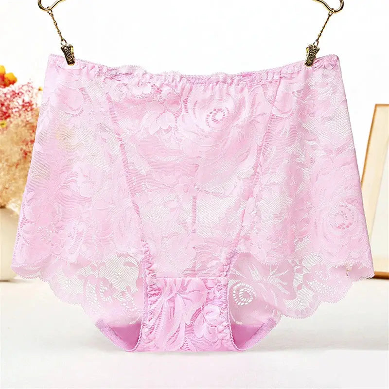 Pink lace high-waisted panties, plus-size, cotton crotch, Simples Market