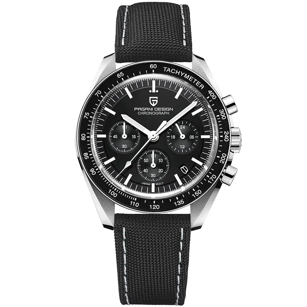Pagani Design chronograph men's watch with black dial, tachymeter bezel, silver case and black fabric strap