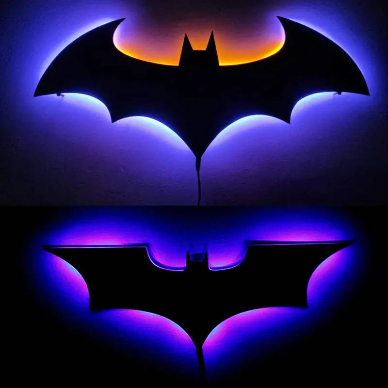 Bat-shaped wooden wall lamp with LED backlight; blue and purple glow, remote control