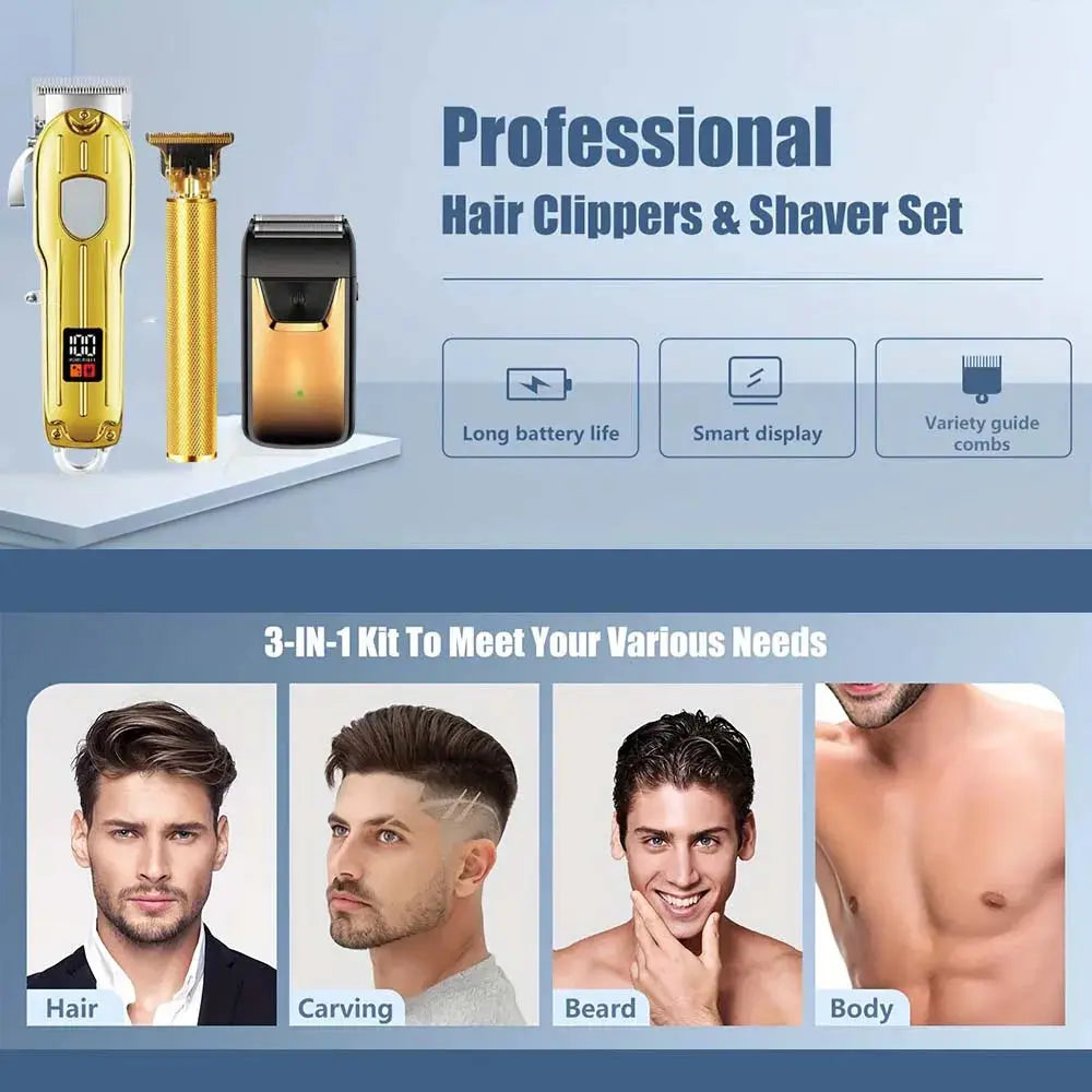 Professional hair clipper and trimmer set with gold-toned clippers and bronze shaver; 3-in-1 grooming kit.