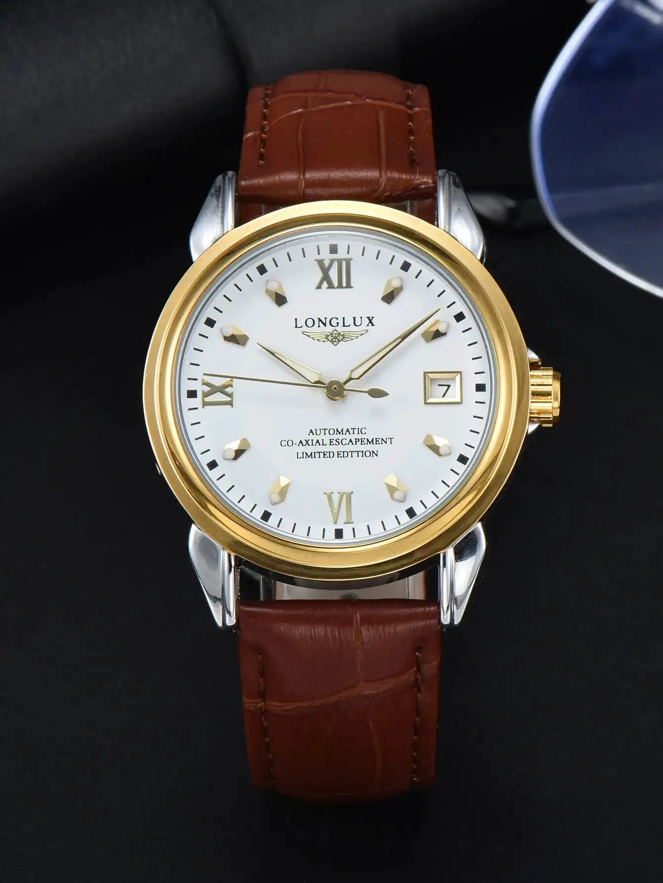 LONGLUX automatic men's wristwatch with white dial, gold-tone bezel, date window at 3 o'clock, and brown leather strap