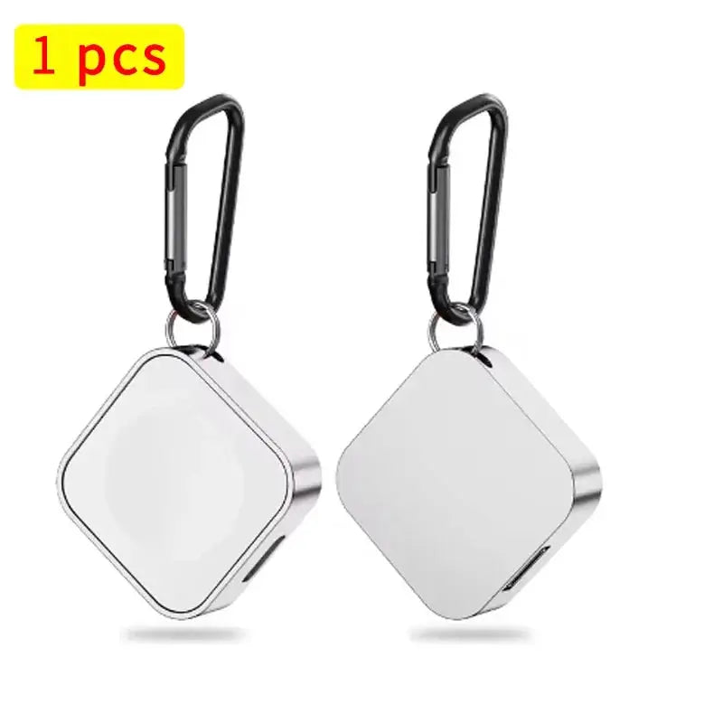 2 pcs portable wireless watch charger, square silver metal with black carabiner clips