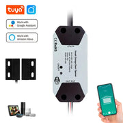 Tuya garage door controller module, white with black ends; mounting brackets; WiFi control with Alexa/Google Assistant