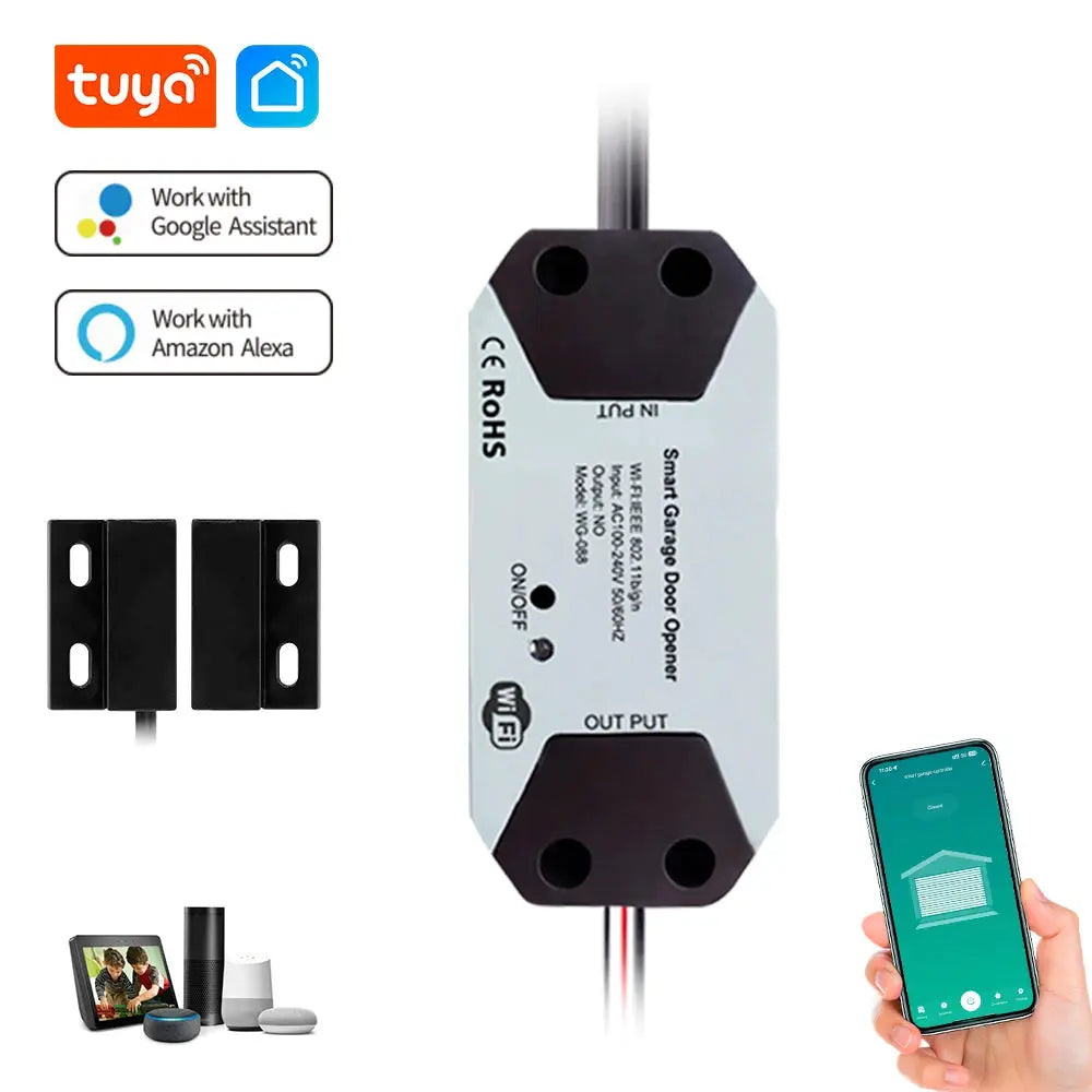 Tuya garage door controller module, white with black ends; mounting brackets; WiFi control with Alexa/Google Assistant