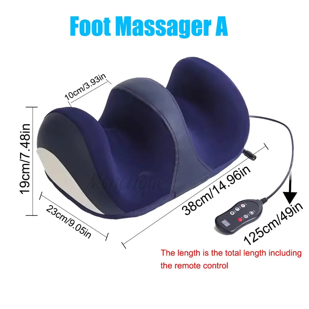 Extra big electric foot massager with shiatsu kneading, navy blue fabric, remote control.